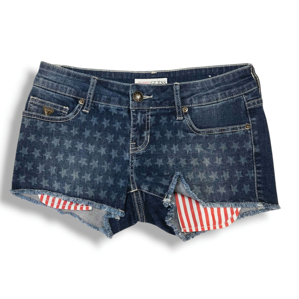 Guess Star Print Cutoff Denim Shorts Raw Hem Americana Flag Pocket Blue 27 NWOT